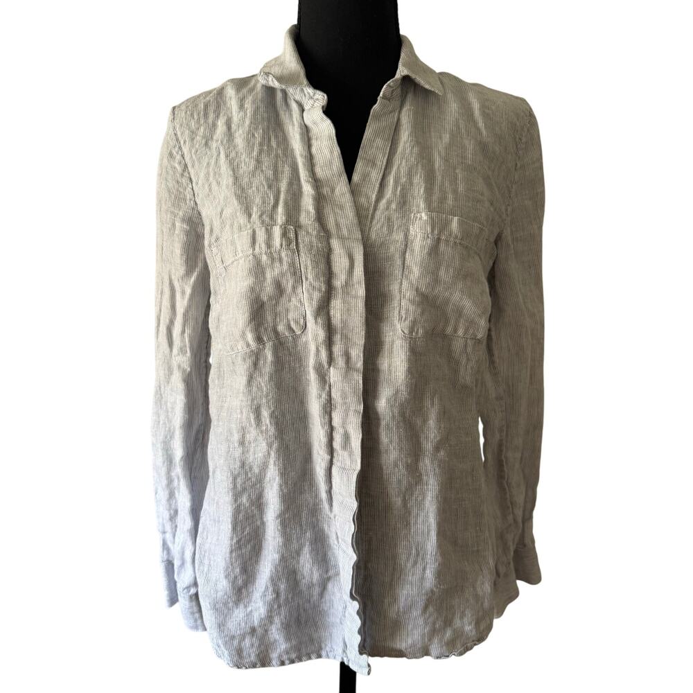 SAKS FIFTH AVENUE 100% Linen Striped White & Blue Shirt Top Blouse Size Small